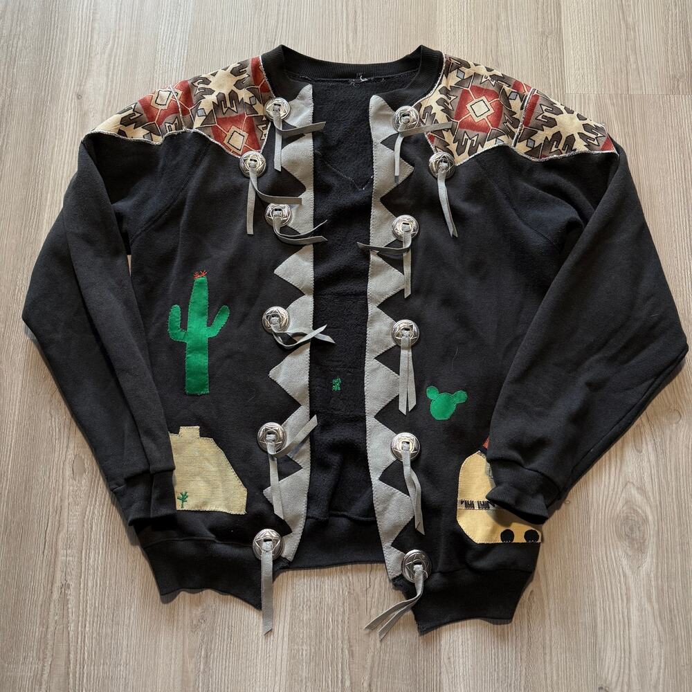 Vintage 90's Custom Aztec Patchwork Black Cardigan Sweater Sweatshirt Sz XL VTG
